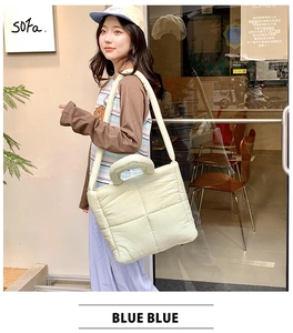 Stylish padded quilted tote bag for women, large capacity puffer cloud shoulder handbag.