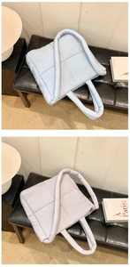 Light blue quilted puffer tote bag, minimalist cloud shoulder bag for daily casual style.