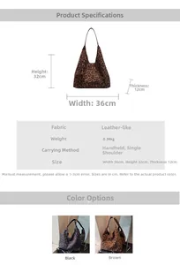 Detailed view of leopard print tote bag dimensions and soft velvet fabric texture