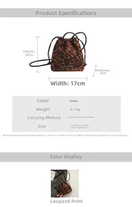 Détails du sac seau en daim à motif léopard avec bandoulière et tableau des dimensions