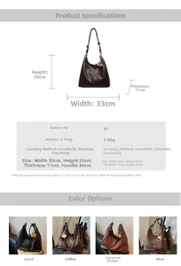 Detailed size chart and specifications for the vintage PU leather tote bag with tassel