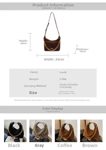 Detailed size specifications for the vintage suede crossbody bag with gold chain and dimensions