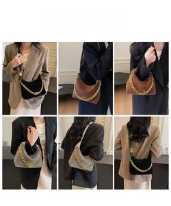 Three-color collage of suede dumpling bags showing black, brown, and grey crossbody styles
