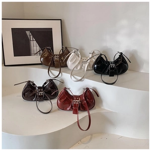Vintage Glossy PU Leather Crescent Underarm Hobo Bag For Women With Pleated Design And Large Silver Metal Buckle Detail