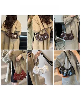 Collage of model carrying a vintage pleated croissant bag in various trendy autumn colors