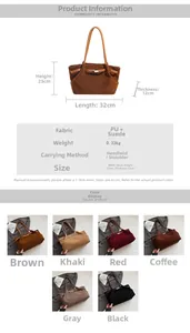 Detailed size guide and specifications for Suede Tote Bag with dimensions and six colors