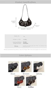 Detailed size chart for retro pleated dumpling bag showing dimensions and all colors