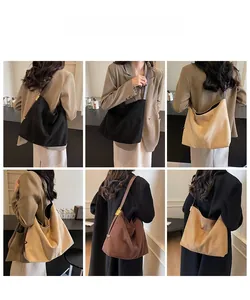 Detailed views of vintage large capacity suede tote bags in black, khaki, and brown colors