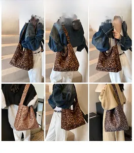 Detail view of large leopard print canvas tote bag styled on model in various angles