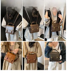 Collage of model wearing a vintage brown PU leather backpack and handbag for women