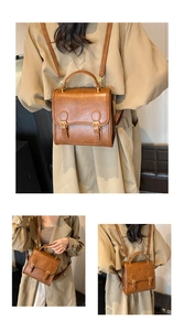 Three-way view of a brown vintage leather backpack shown from back, side and close-up angles