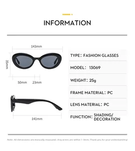 Detailed size chart for black cat-eye sunglasses with dimensions and frame weight specs