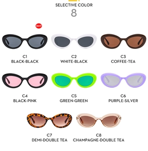 Collection of eight colorful oval vintage sunglasses in various fashion frames and lenses