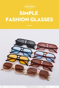 Detailed grid display of retro double-bridge pilot sunglasses in seven vibrant color options
