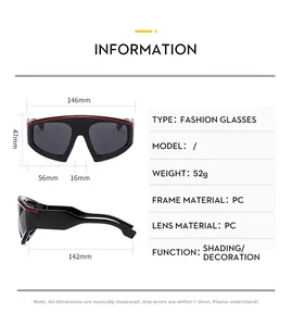 Detailed size chart for Y2K oversized sports sunglasses showing frames and dimensions
