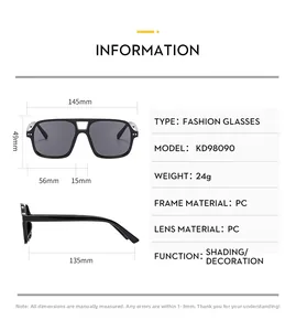 Detailed size specifications for retro double-bridge pilot sunglasses with PC frame
