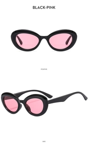 Detail view of oval cat eye sunglasses with black frames and pink lenses from dual angles