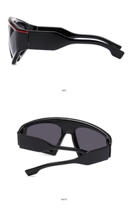 Side and back view of oversized black Y2K sports sunglasses with red frame detail