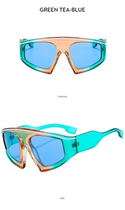 Front and side views of Y2K oversized sunglasses in green tea frame with blue lenses