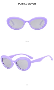Front and side view of purple cat eye sunglasses with silver reflective lenses
