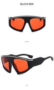 Front and side view of Y2K sports sunglasses with black frame and red lenses