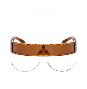 Detail view of Y2K rectangle shield sunglasses with leopard print frame and dark lens