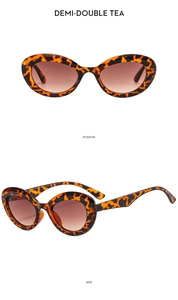 Detailed front and side views of vintage tortoiseshell oval sunglasses with tea lenses