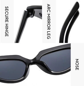 Detail view of cat eye sunglasses showing secure hinges, arc legs and nose pads