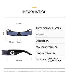 Detailed size specifications and side star pattern on Y2K rectangular sunglasses