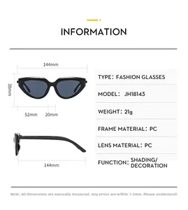 Detailed size specifications and parameters for black cat-eye sunglasses model JH18143