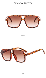 Detailed views of leopard print pilot sunglasses with double-bridge and tea gradient lenses