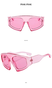 Front and side view of large Y2K pink shield sunglasses with integrated wide temple design