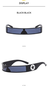 Detail view of black futuristic Y2K sunglasses with star badge and rectangular lens