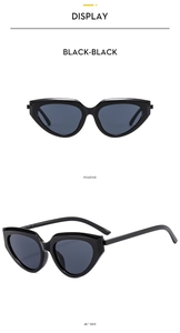 Front and 45-degree side views of stylish black cat-eye sunglasses for women