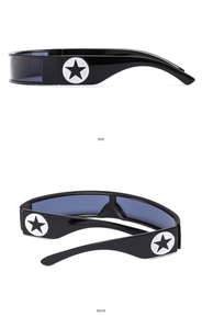 Side and back view of Y2K futuristic wrap sunglasses with star logo on black frames