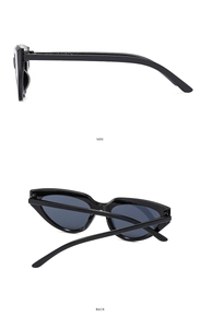Side and back view of black cat-eye sunglasses featuring sleek temples and dark lenses