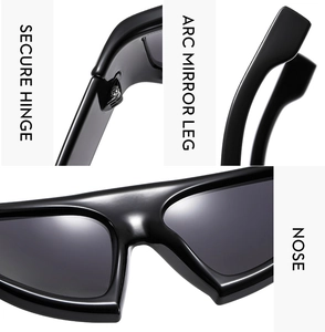 Detailed views of secure hinges, arc mirror legs, and nose pads on Y2K sports sunglasses