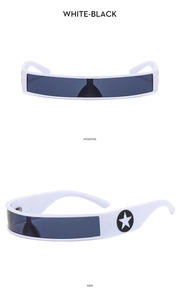 Detail view of white Y2K futuristic sunglasses with star logo and seamless dark lens