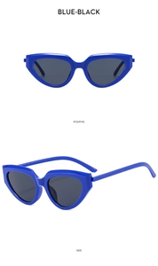 Front and side views of trendy blue cat eye sunglasses with black lenses for women