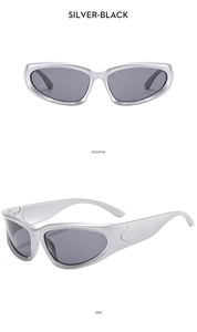Front and side views of silver-framed Y2K kids sports sunglasses with grey lenses
