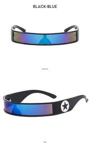 Macro view of futuristic Y2K rectangular sunglasses with star emblem on temples
