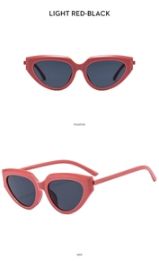 Front and side view of cat-eye sunglasses with light red frames and black lenses