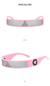 Front and side view of Y2K futuristic pink rectangle sunglasses with silver mirrored lenses