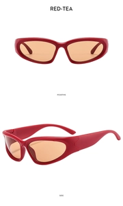 Front and side views of red Y2K sporty wraparound kids sunglasses with brown lenses