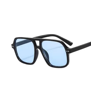 Retro double-bridge aviator sunglasses with black large frame and light blue lenses