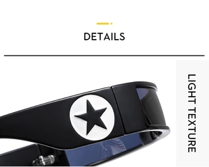Detail of black Y2K sunglasses temple with white five-pointed star emblem decoration