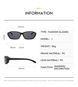 Detailed size chart for Y2K style irregular frame sunglasses with precise measurements