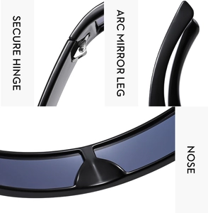 Detail view of the secure hinge, arc mirror legs, and nose pads on Y2K sunglasses