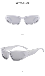 Front and side views of futuristic silver Y2K sports sunglasses for children
