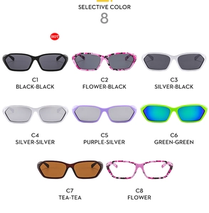 Collage of Y2K rectangle sunglasses in eight colorful frames including floral and metallic